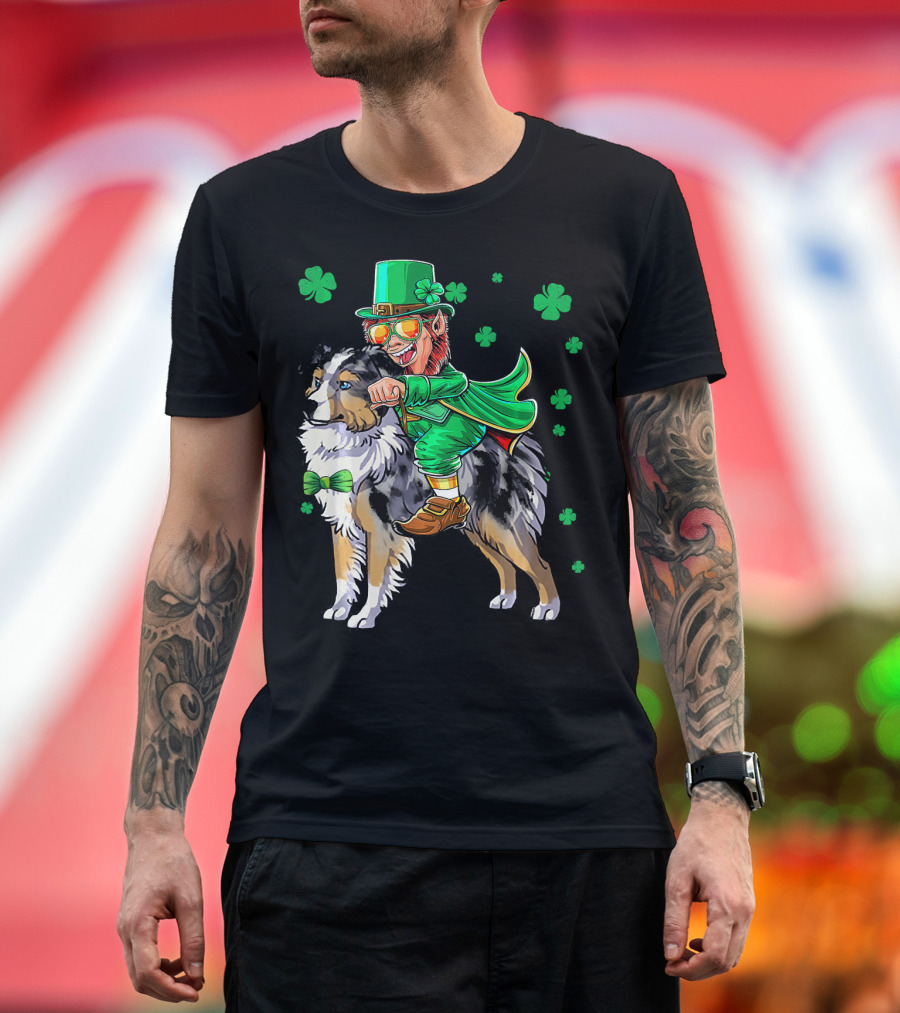 Leprechaun Riding Miniature Australian Shepherd With Shamrocks T-Shirt