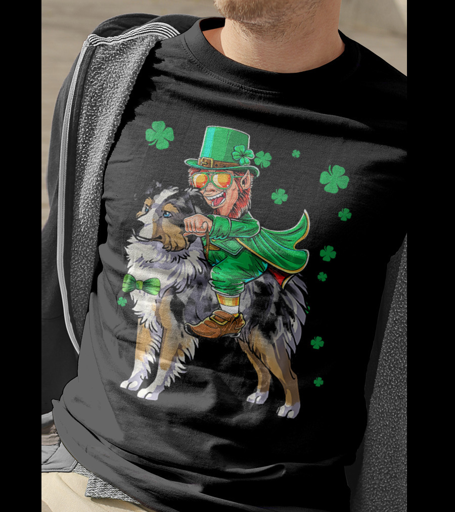 Leprechaun Riding Miniature Australian Shepherd With Shamrocks T-Shirt