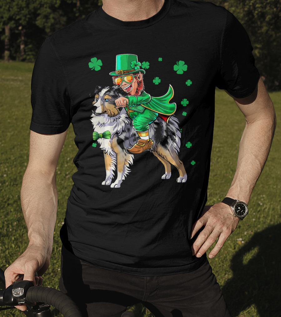Leprechaun Riding Miniature Australian Shepherd With Shamrocks T-Shirt