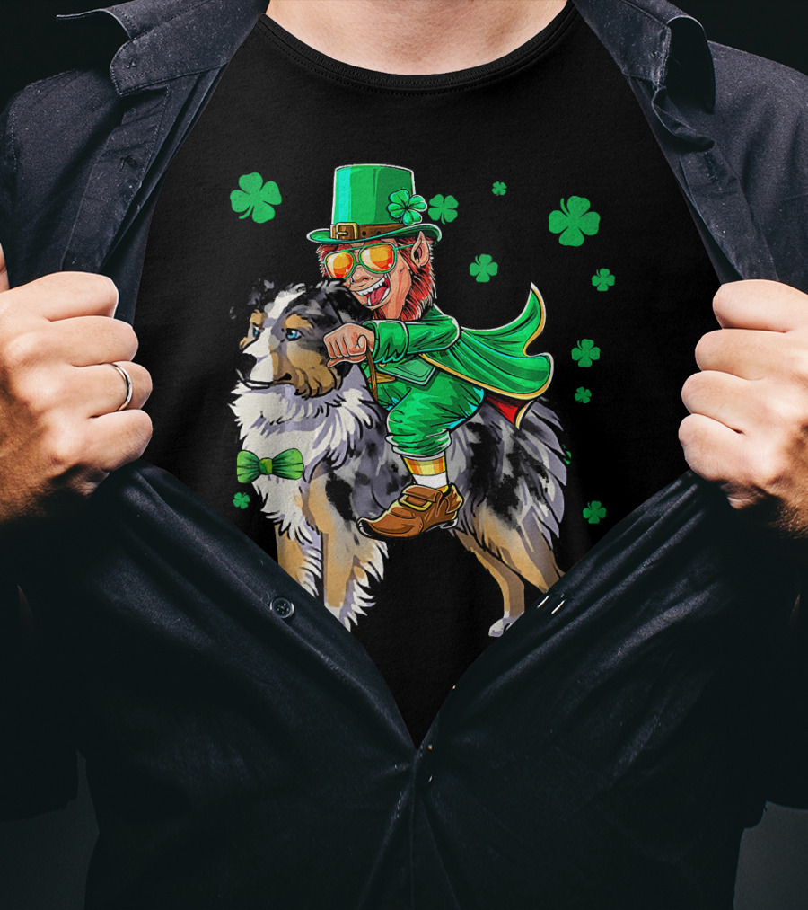 Leprechaun Riding Miniature Australian Shepherd With Shamrocks T-Shirt