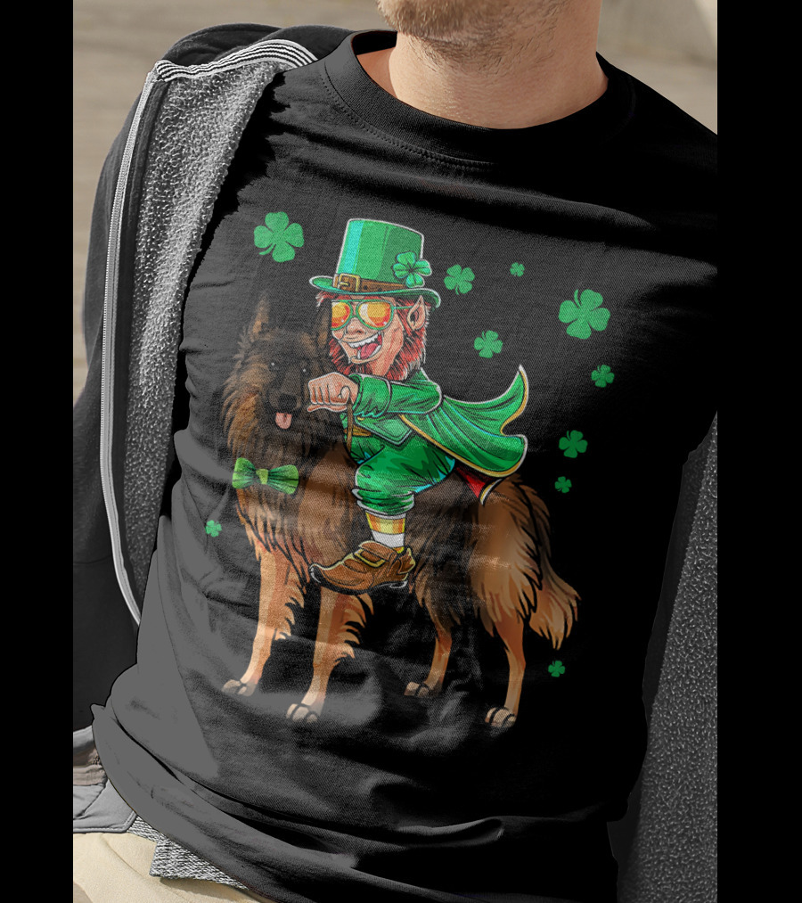 Leprechaun Riding Belgian Tervuren With Shamrock Accents T-Shirt