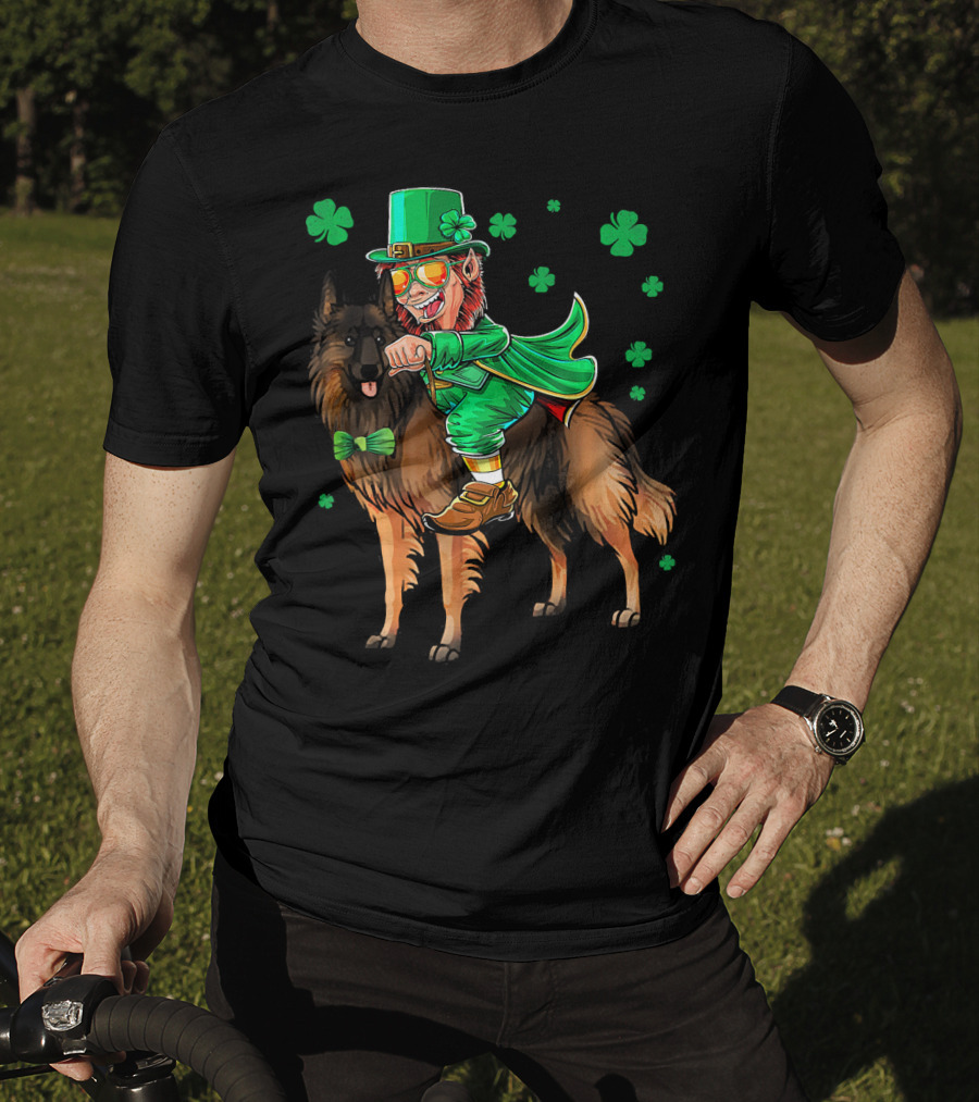 Leprechaun Riding Belgian Tervuren With Shamrock Accents T-Shirt
