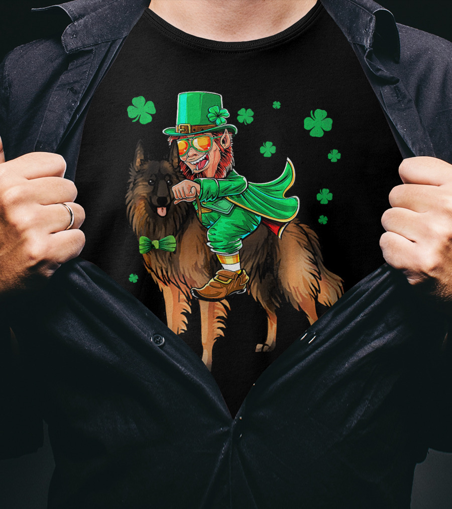 Leprechaun Riding Belgian Tervuren With Shamrock Accents T-Shirt