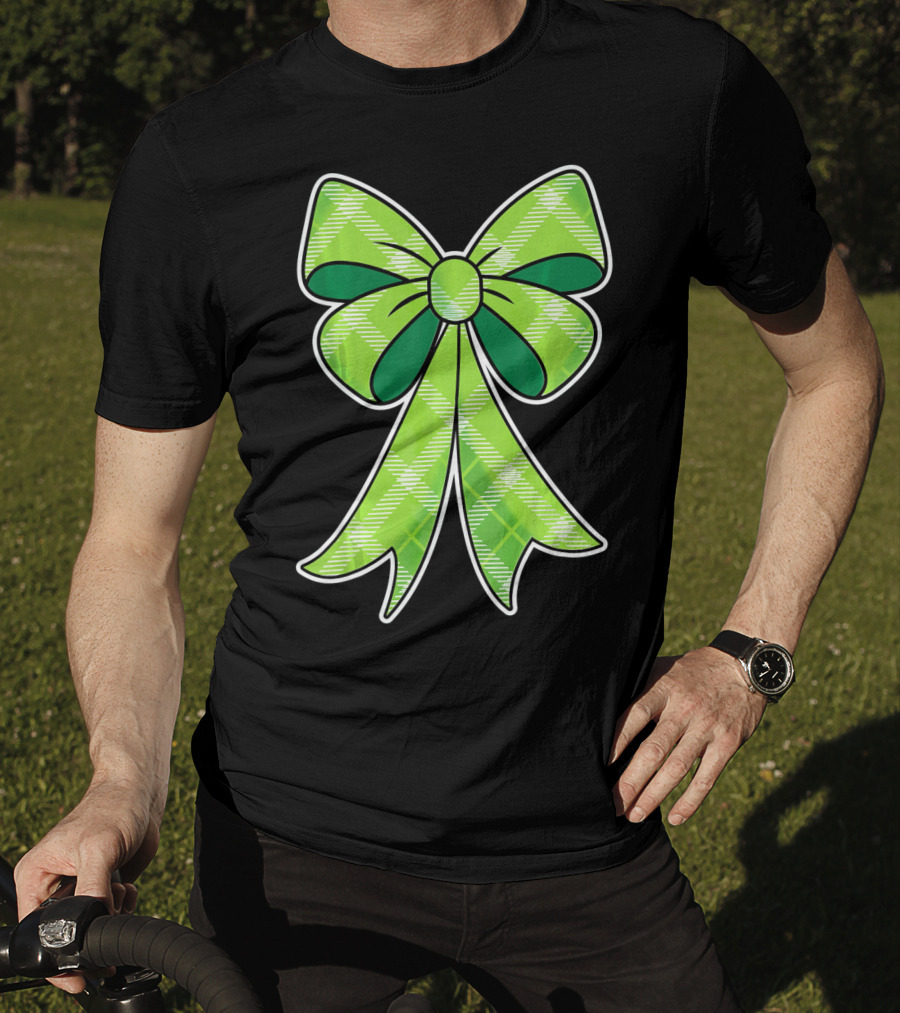 Girls St Patricks Day Green Plaid Bow T-Shirt