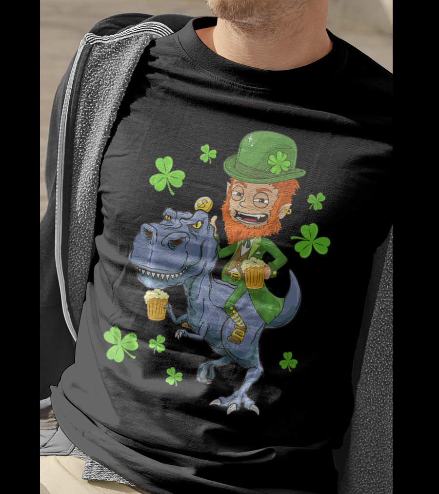 Leprechaun Irish Riding T-Rex Dinosaur With Shamrocks And Beer T-Shirt