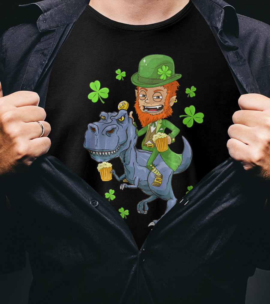 Leprechaun Irish Riding T-Rex Dinosaur With Shamrocks And Beer T-Shirt