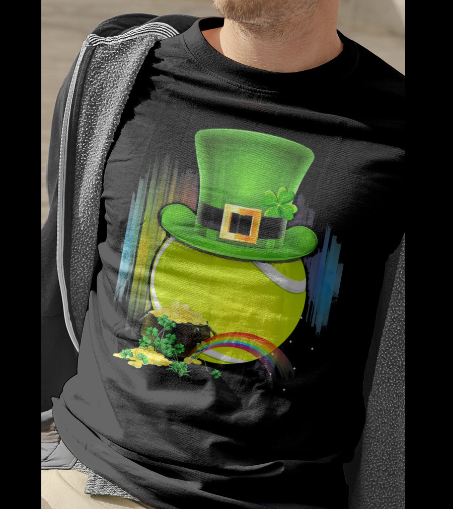 Leprechaun Hat Tennis Ball With Rainbow And Pot Of Gold For Saint Patricks T-Shirt