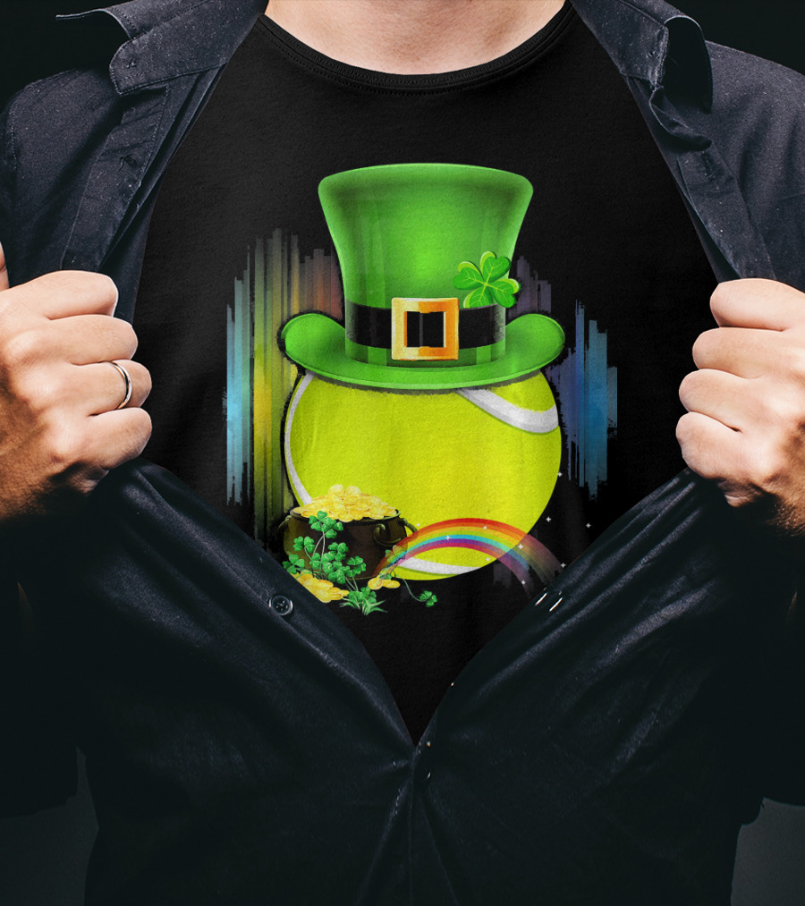 Leprechaun Hat Tennis Ball With Rainbow And Pot Of Gold For Saint Patricks T-Shirt