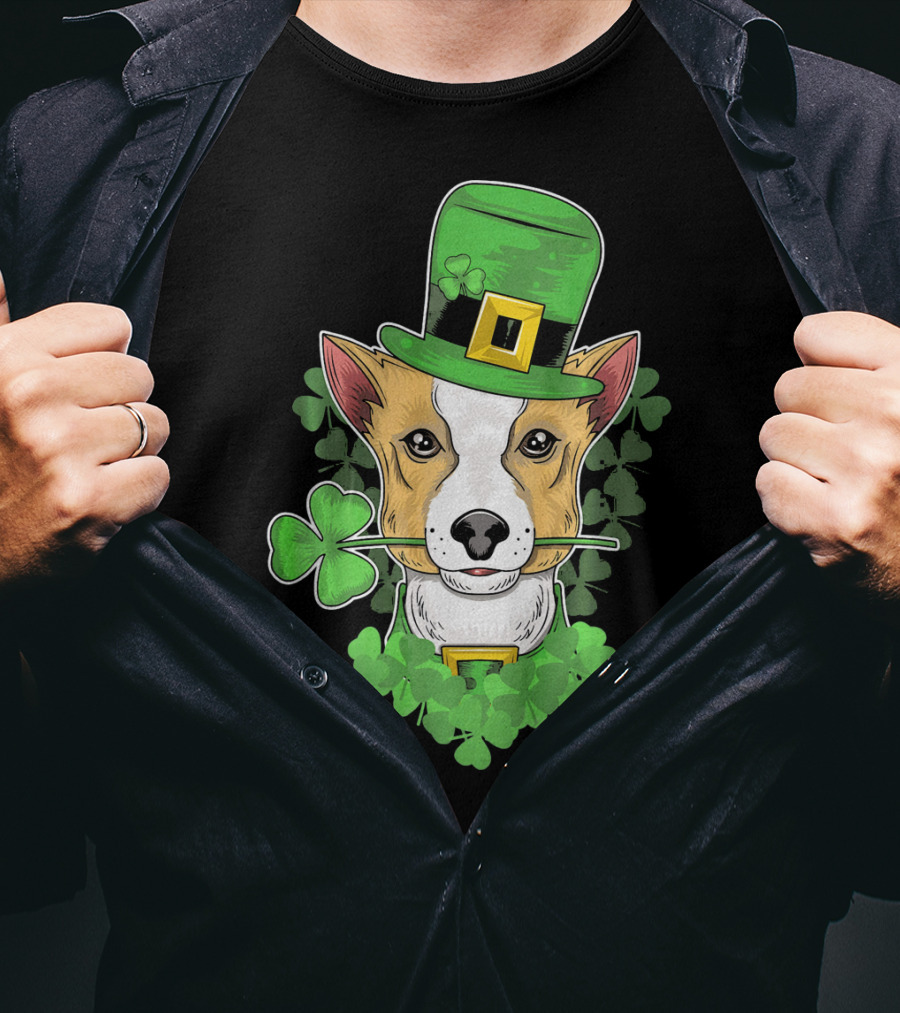 Happy Saint Patricks Day Corgi Wearing Leprechaun Hat And Shamrocks T-Shirt