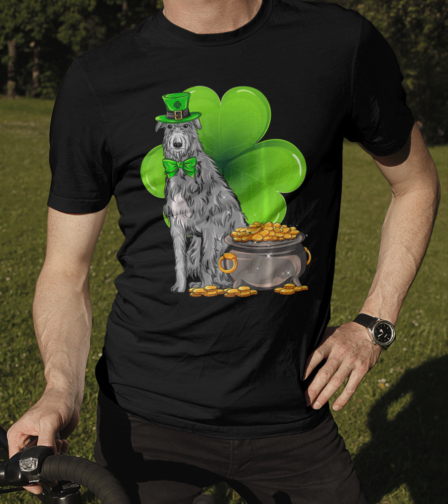 Scottish Deerhound St Patricks Day Leprechaun Hat Pot Of Gold Shamrock T-Shirt