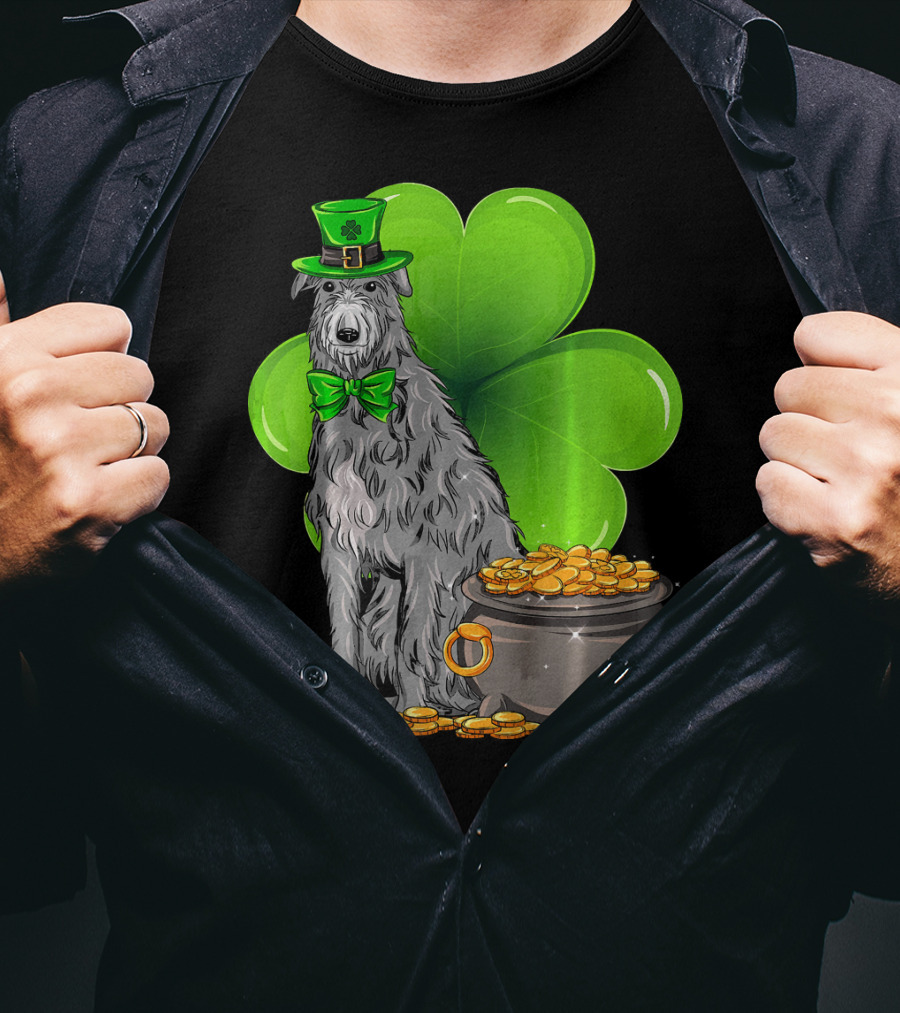 Scottish Deerhound St Patricks Day Leprechaun Hat Pot Of Gold Shamrock T-Shirt