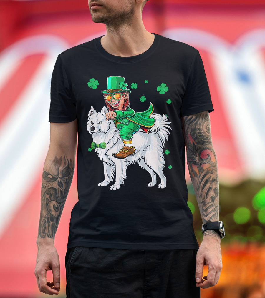 Leprechaun Riding Samoyed with Shamrocks St. Patrick's Day T-Shirt