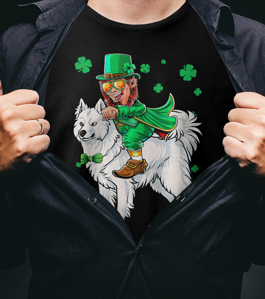 Leprechaun Riding Samoyed With Shamrocks St. Patrick's Day T-Shirt
