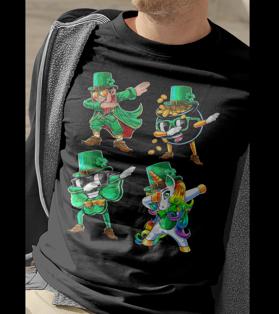 Dabbing Leprechaun Shamrock Unicorn Coin-Throwing Glasses Rabbit T-Shirt