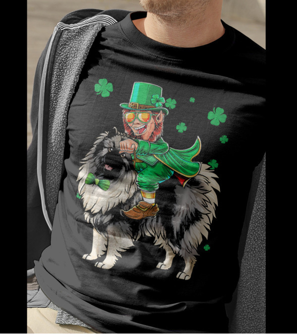 Leprechaun Riding Keeshond With Shamrocks For St. Patrick's Day T-Shirt