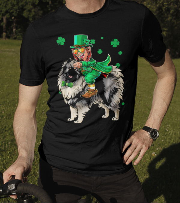 Leprechaun Riding Keeshond With Shamrocks For St. Patrick's Day T-Shirt