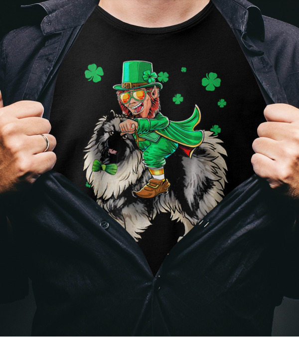 Leprechaun Riding Keeshond With Shamrocks For St. Patrick's Day T-Shirt