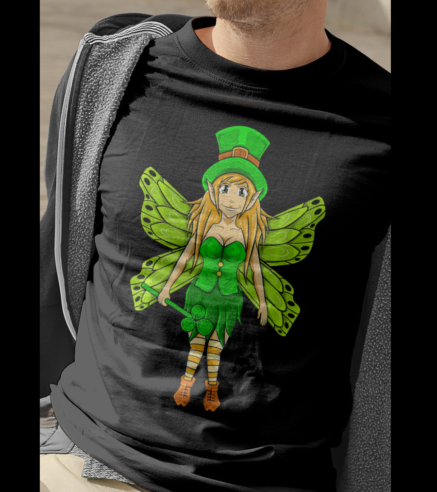 Funny St Patricks Day Leprechaun Fairy Girl With Green Wings And Clover Staff T-Shirt