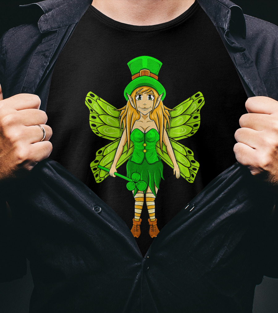 Funny St Patricks Day Leprechaun Fairy Girl With Green Wings And Clover Staff T-Shirt