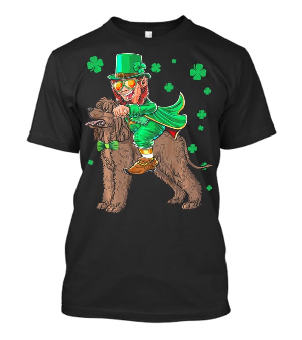 Leprechaun Riding Irish Water Spaniel With Shamrocks T-Shirt