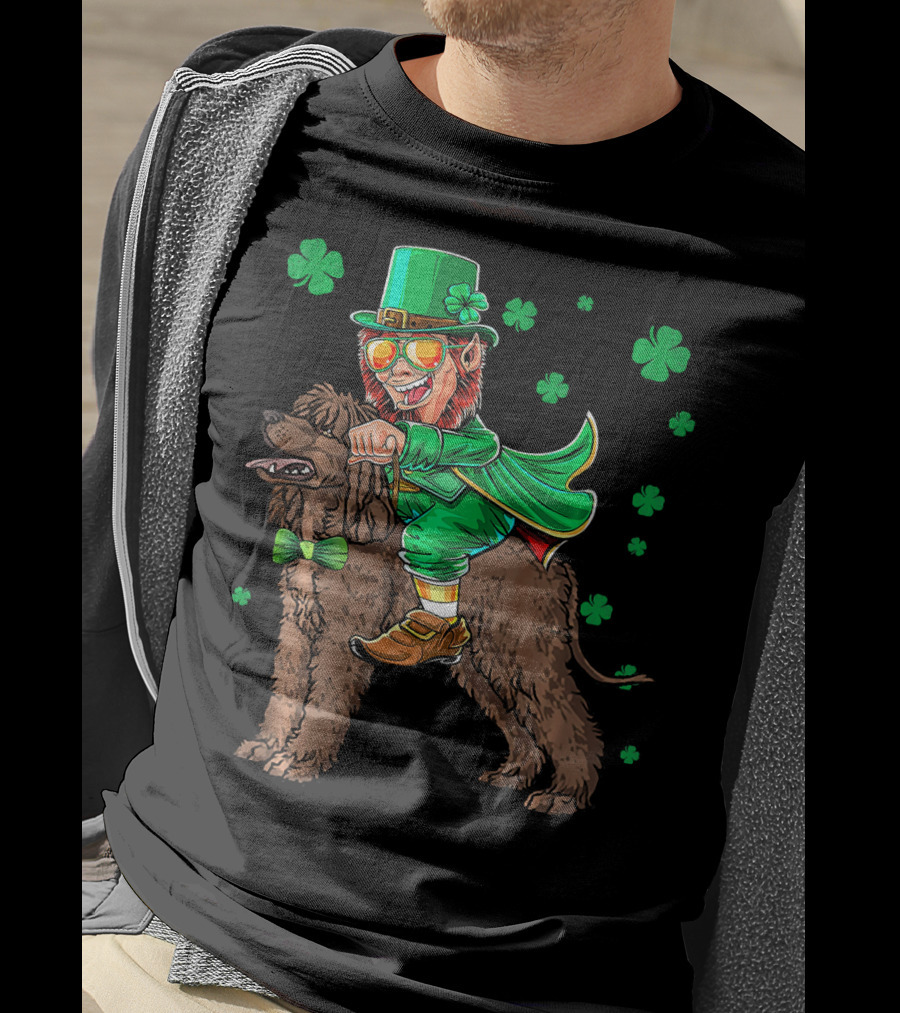 Leprechaun Riding Irish Water Spaniel With Shamrocks T-Shirt