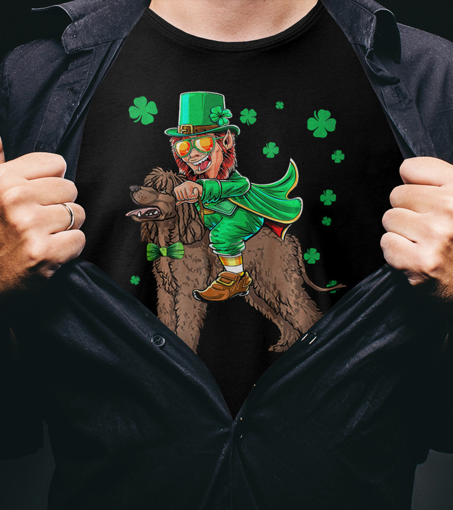 Leprechaun Riding Irish Water Spaniel With Shamrocks T-Shirt