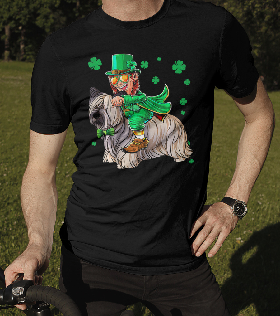 Leprechaun Riding Skye Terrier Shamrocks St. Patrick's Day T-Shirt