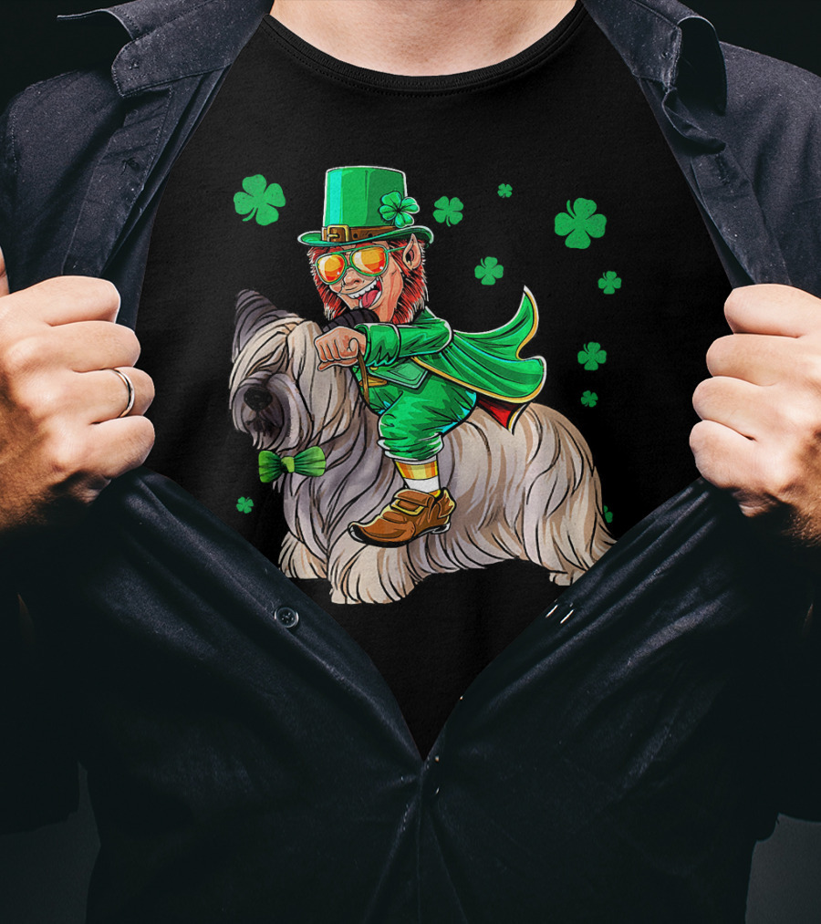 Leprechaun Riding Skye Terrier Shamrocks St. Patrick's Day T-Shirt