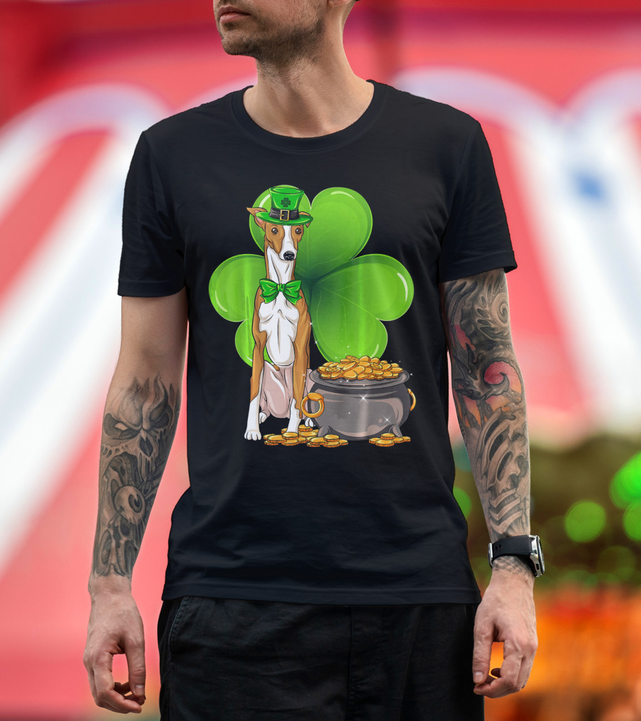 Whippet Leprechaun Dog with Shamrock and Pot of Gold St Patricks Day T-Shirt