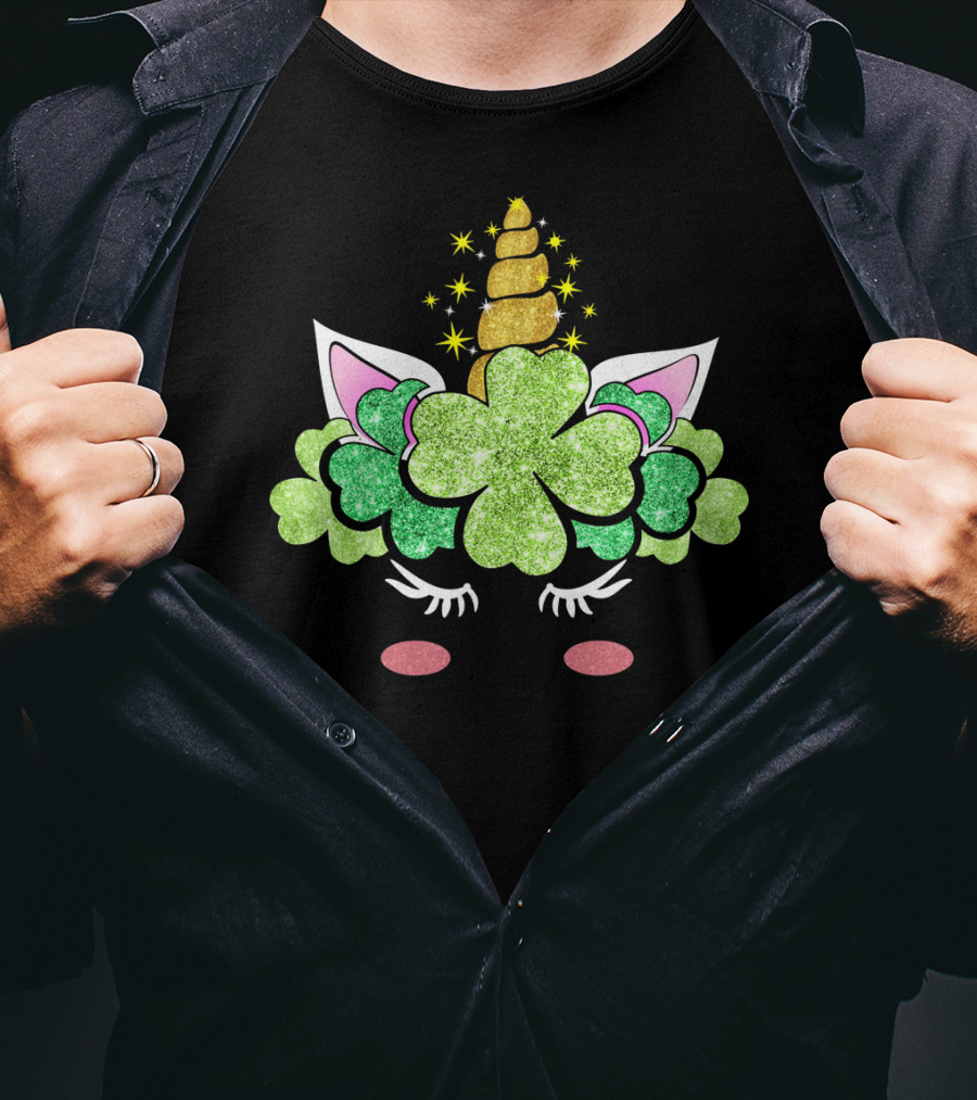 St Patricks Day Unicorn Clover Horn Sparkles T-Shirt