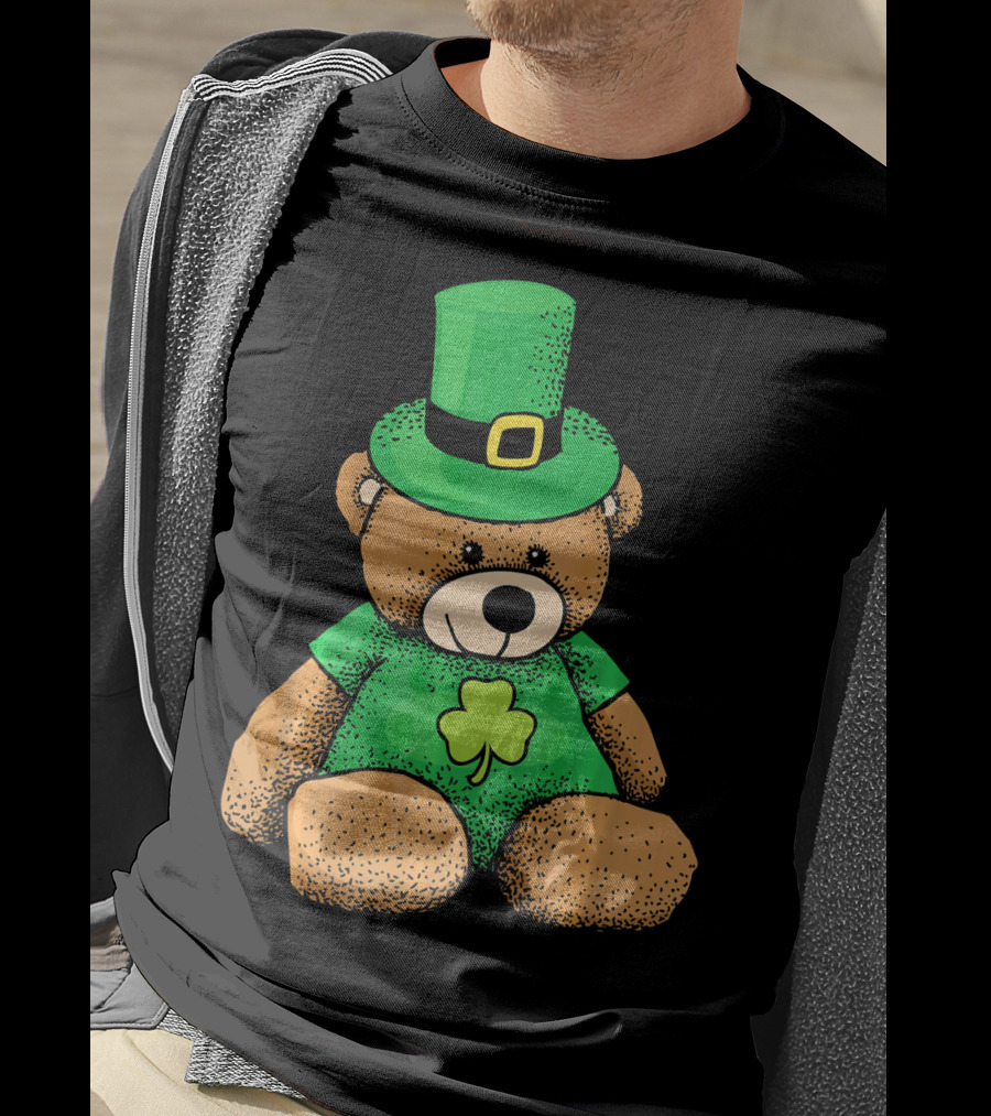 St. Patrick's Day Irish Teddy Bear With Leprechaun Hat And Clover T-Shirt