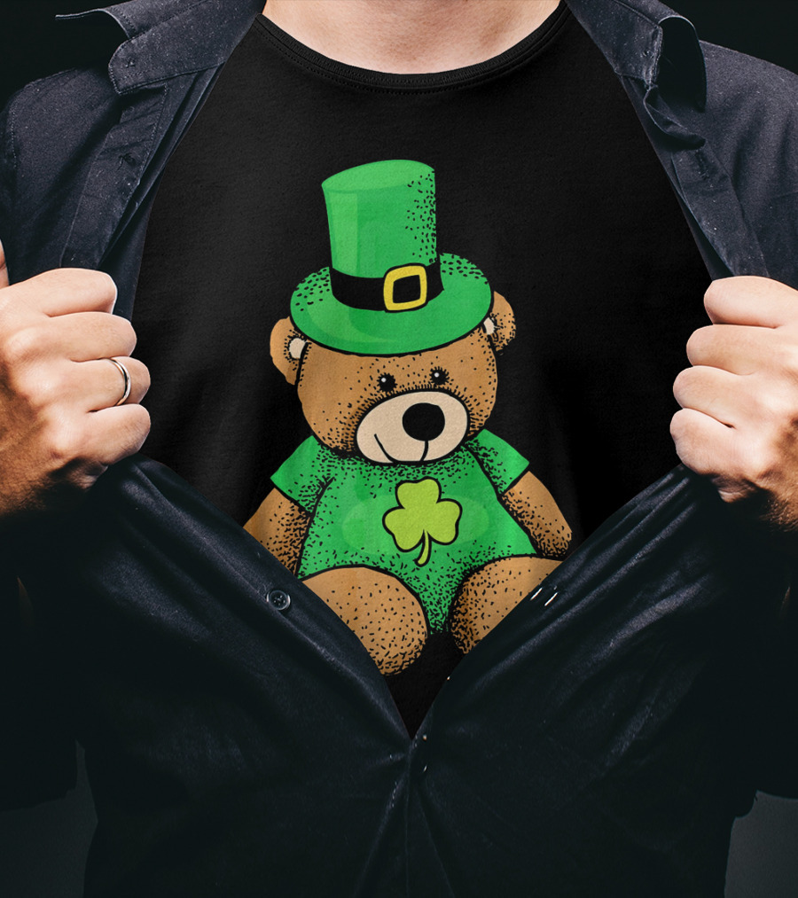 St. Patrick's Day Irish Teddy Bear With Leprechaun Hat And Clover T-Shirt