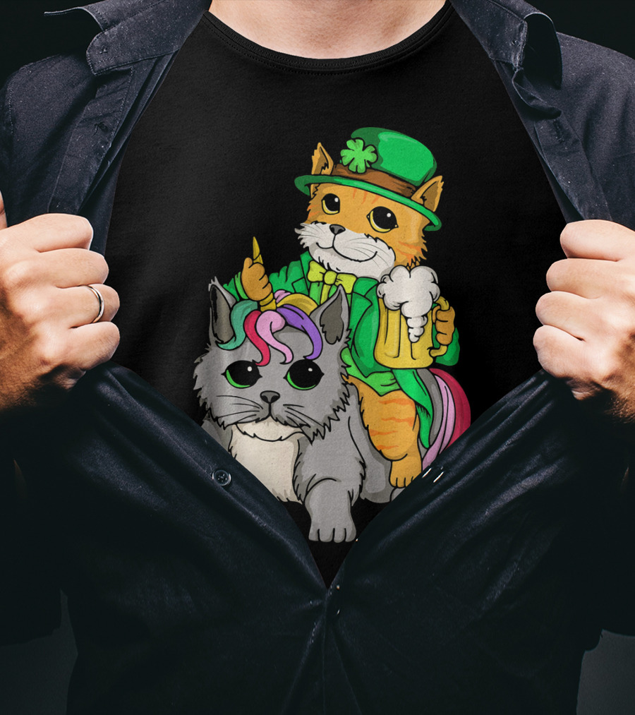 St Patricks Day Caticorn Cat Unicor Shamrock Beer Mug T-Shirt