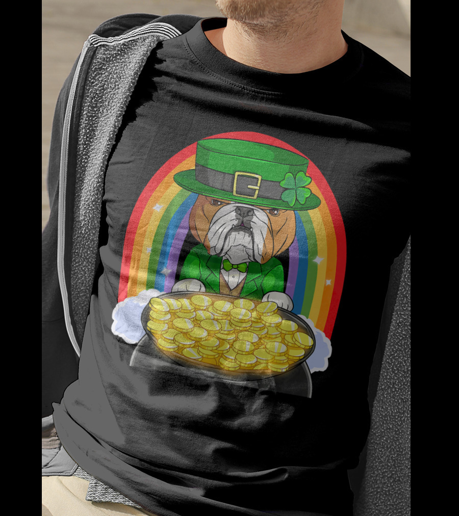 English Bulldog St Patricks Day Leprechaun Pot Of Gold Rainbow T-Shirt