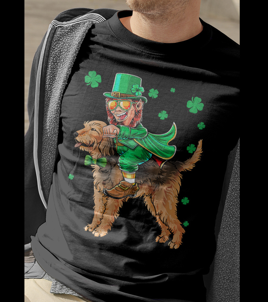 Leprechaun Riding Otterhound With Shamrocks St. Patri St. Patrick's Day T-Shirt