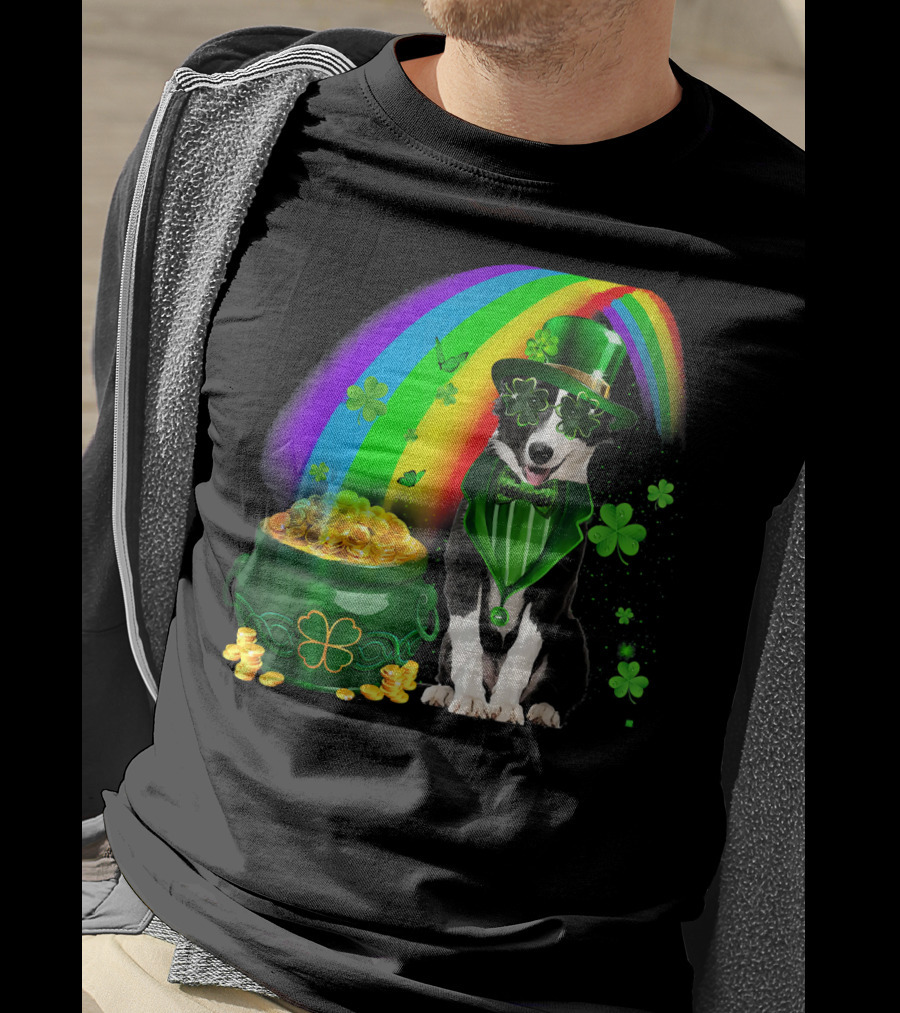 Border Collie Irish Leprechaun With Rainbow And Pot Of Gold Coins T-Shirt