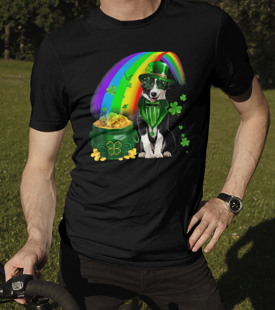Border Collie Irish Leprechaun With Rainbow And Pot Of Gold Coins T-Shirt
