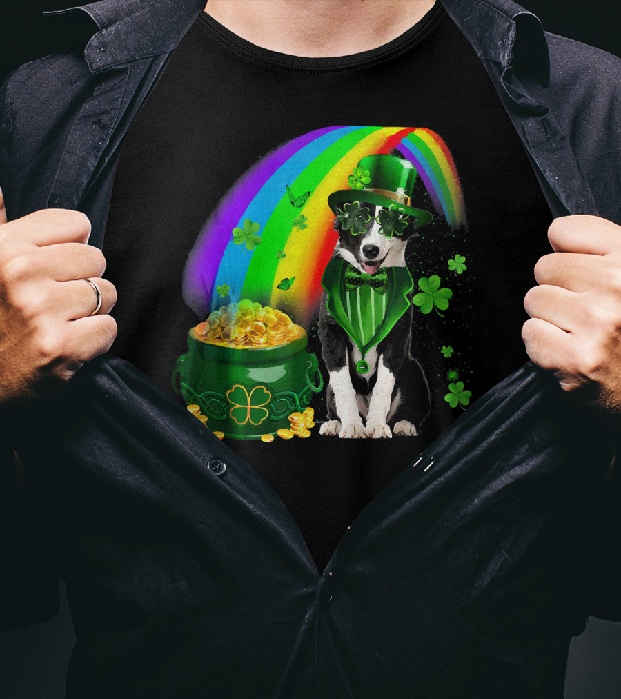 Border Collie Irish Leprechaun With Rainbow And Pot Of Gold Coins T-Shirt