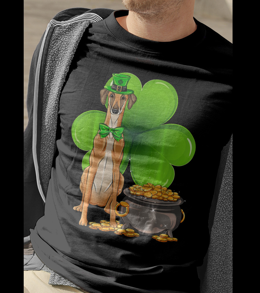 Sloughi Dog With Leprechaun Hat And Clover St Patricks Day Pot Of Gold T-Shirt