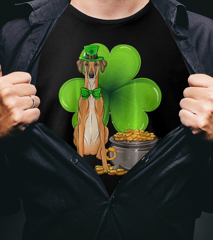 Sloughi Dog With Leprechaun Hat And Clover St Patricks Day Pot Of Gold T-Shirt