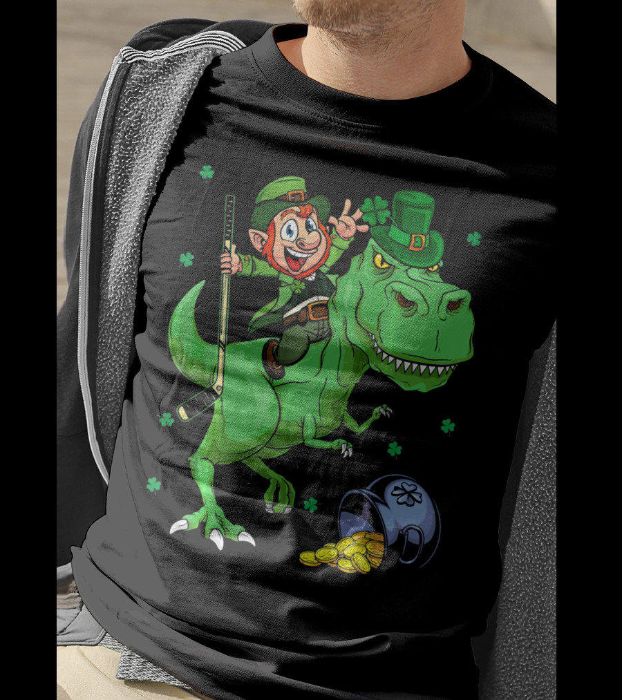 Funny St. Pat Rex Day Leprechaun Riding Dinosaur With Hockey Stick And Gold Coins T-Shirt