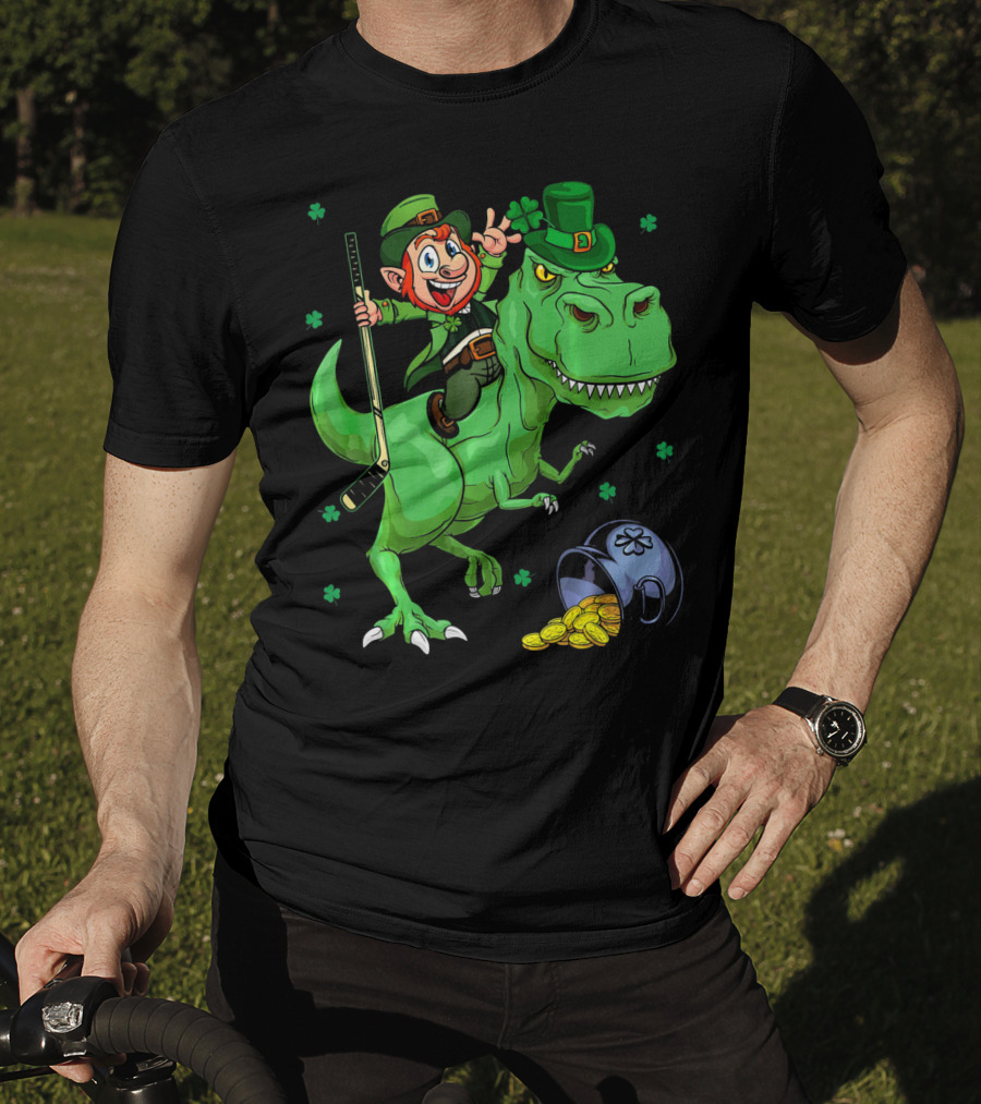 Funny St. Pat Rex Day Leprechaun Riding Dinosaur With Hockey Stick And Gold Coins T-Shirt