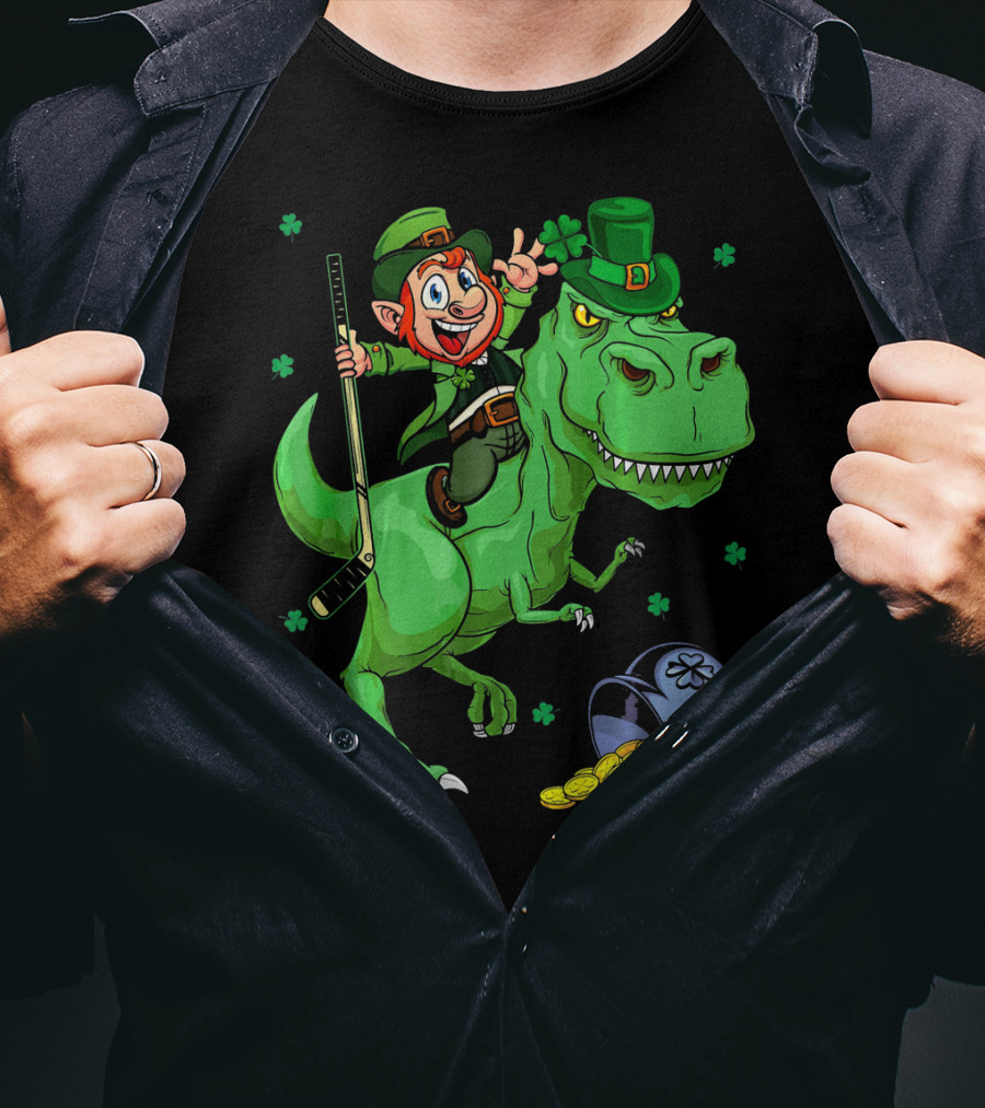 Funny St. Pat Rex Day Leprechaun Riding Dinosaur With Hockey Stick And Gold Coins T-Shirt