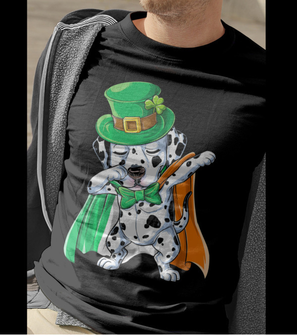 Saint Patrick's Day Dabbing Dalmatian In Green Hat And Irish Colors T-Shirt