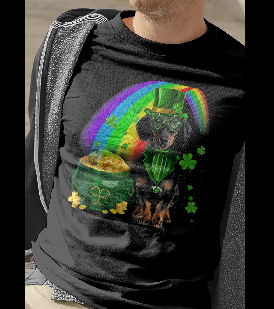 Dachshund Dog Irish Leprechaun With Pot Of Gold And Rainbow T-Shirt