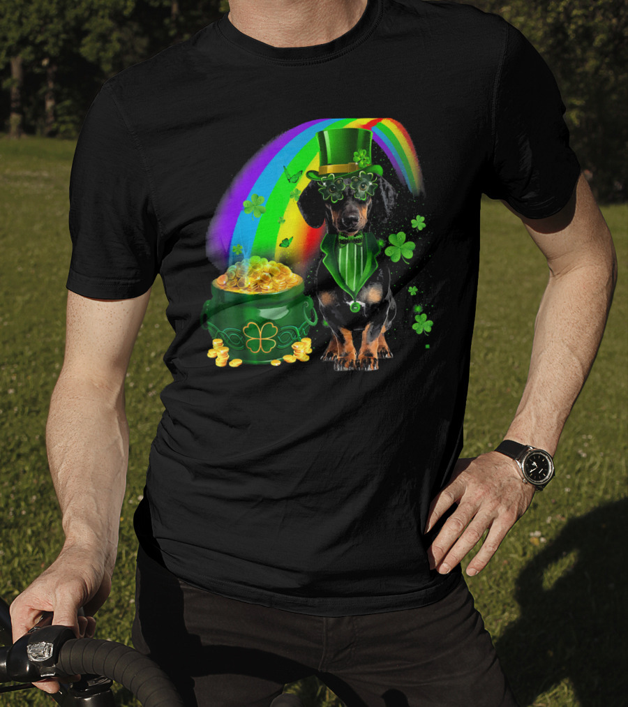 Dachshund Dog Irish Leprechaun With Pot Of Gold And Rainbow T-Shirt