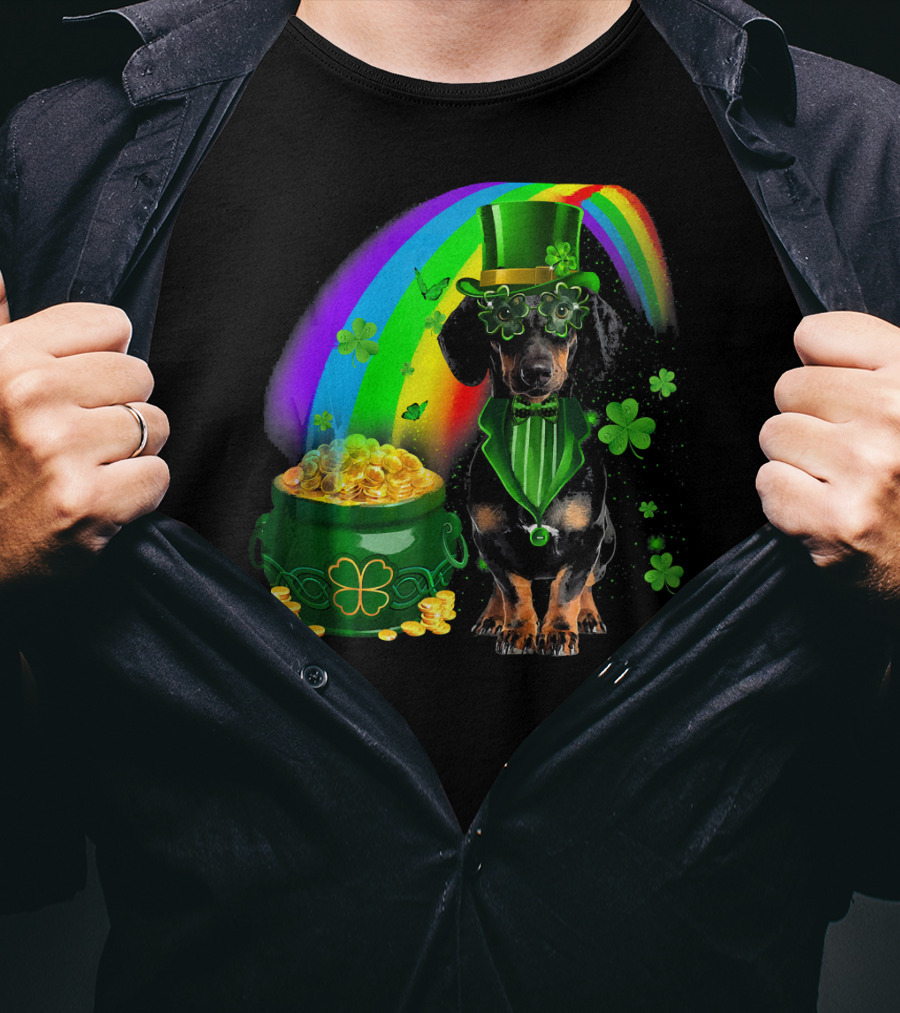 Dachshund Dog Irish Leprechaun With Pot Of Gold And Rainbow T-Shirt