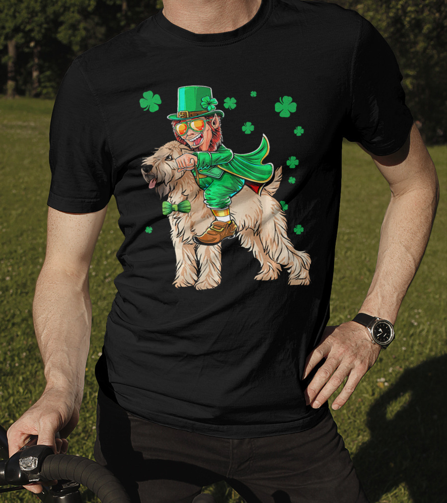Leprechaun Riding Soft Coated Wheaten Terrier With Shamrocks T-Shirt