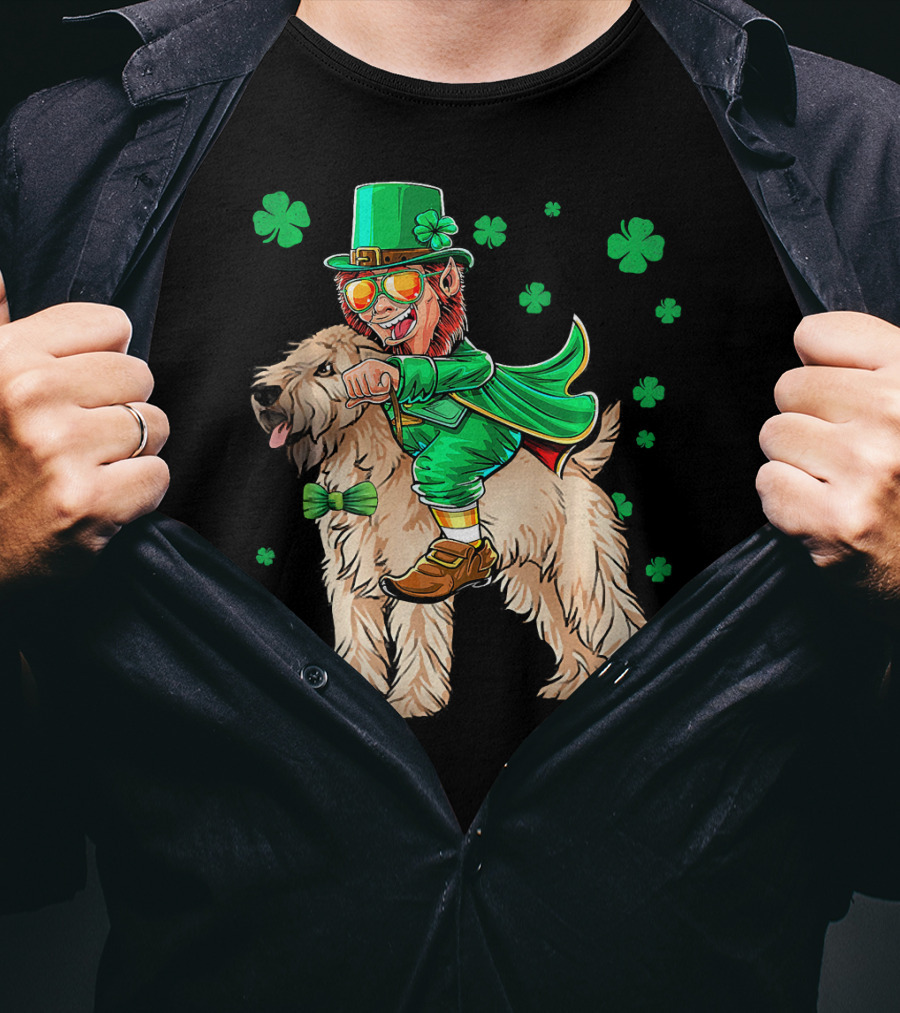 Leprechaun Riding Soft Coated Wheaten Terrier With Shamrocks T-Shirt