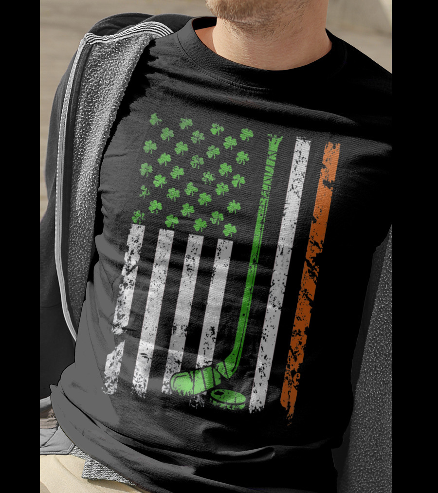Irish American Hockey Flag With Shamrocks And Hockey Stick T-Shirt